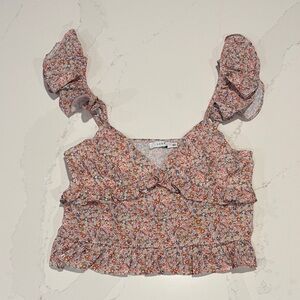 Lush Multicolor Floral Ruffle Cropped Top Adjustable Straps Blouse Size Small